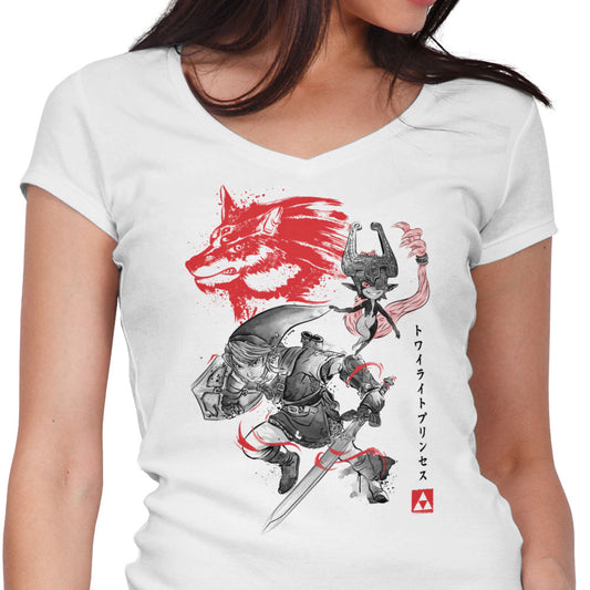 Twilight Wolf Sumi-e - Women's V-Neck