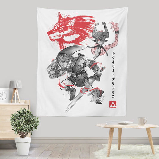 Twilight Wolf Sumi-e - Wall Tapestry