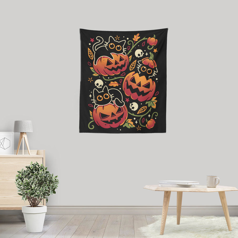 Black Cats Pumpkin Party - Wall Tapestry